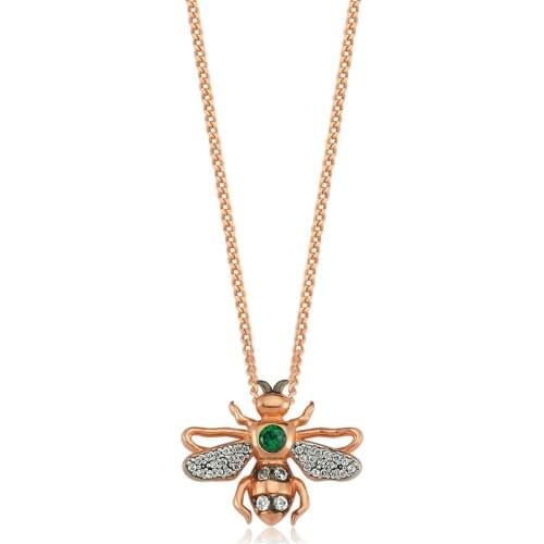 Valori Jewels Queen Bee, Zirconia White And Green Gemstone, Rose Gold Plated, Sterling Silver Necklace