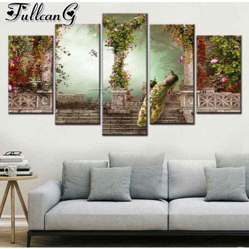 FULLCANG Peacocks garden scenery 5 piece diy diamond painting large full square round mosaic embroidery multi-picture FC2809