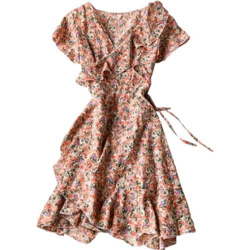 Cyanlee Korean Floral Print V Neck Dress Women Summer Casual Bandage Ruched Slim Dresses Sweet Ruffles Patchwork Mini Vestidos