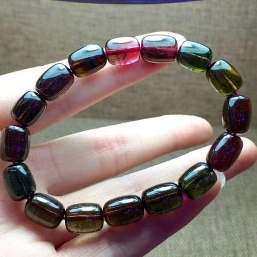 Genuine Natural Colorful Tourmaline Quartz Crystal Barrel Women Man Stretch Bracelet 11*8.5mm AAAA