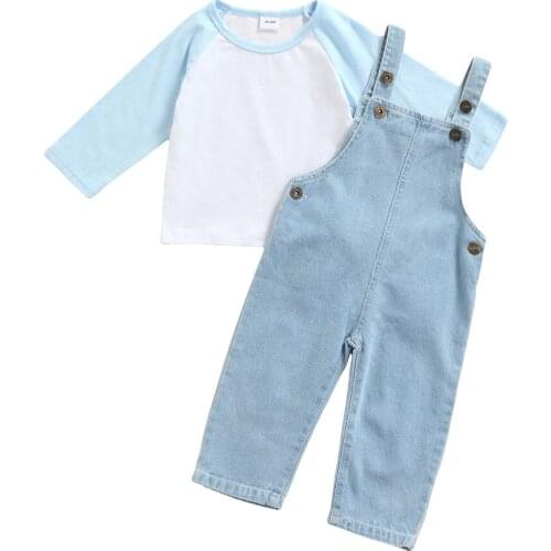 Infant Kids Baby Girls Boys Long Sleeves + Denim Suspenders, Color Block Classic Round Neck Button Decoration Clothing