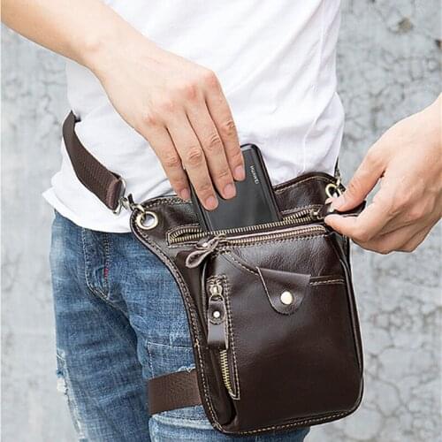 Simple casual mens natural genuine leather leg bag outdoor sports first layer cowhide waist bag retro fashion cycling bag