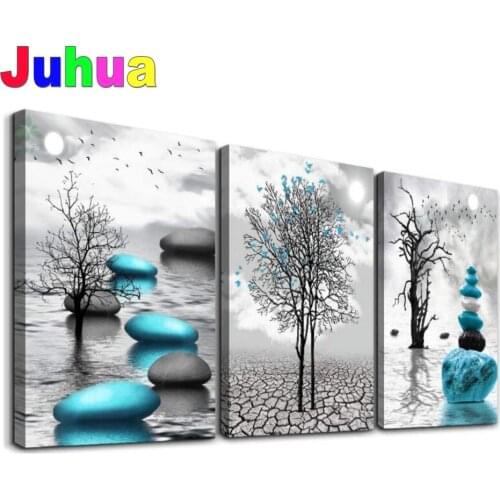 Cross Stitch Diamond Painting Triptych ,Abstract Blue Stone Tree Full square round Diamond Embroidery Mosaic 3 Piece,Wall Sticke
