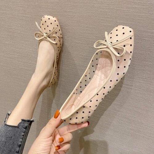 Single Shoes Female 2021 Summer Fairy Gentle Net Gauze Mesh Square Toe Flat Shoes All-match Womens Shoes Student Shoes Bow