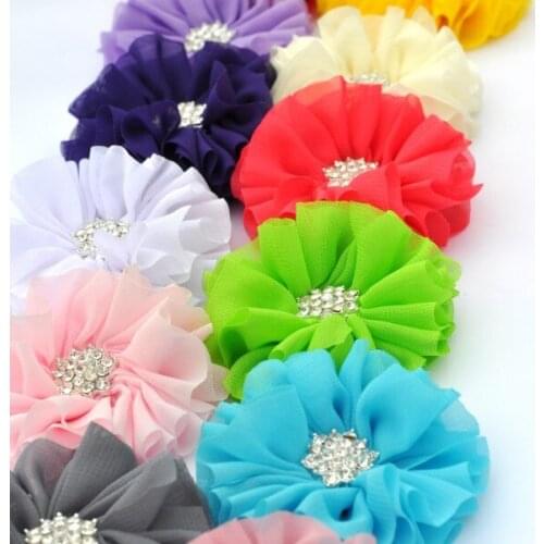 50pcs/lot 6.5cm 15colors Fluffy Ballerina Chiffon Flowers+Rhinestone Snow Button Artificial Fabric Flowers For Kids Headbands