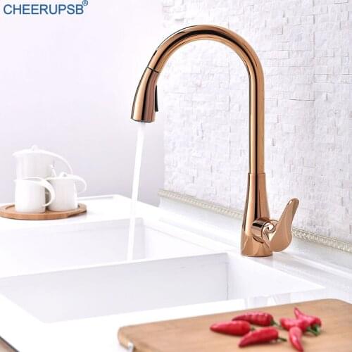Pull Down Kitchen Sink Copper Faucet Stream Water Deck Mount Crane Hot Cold Water Mixer Tap 2 Ways Outlet Rose Gold Black Faucet