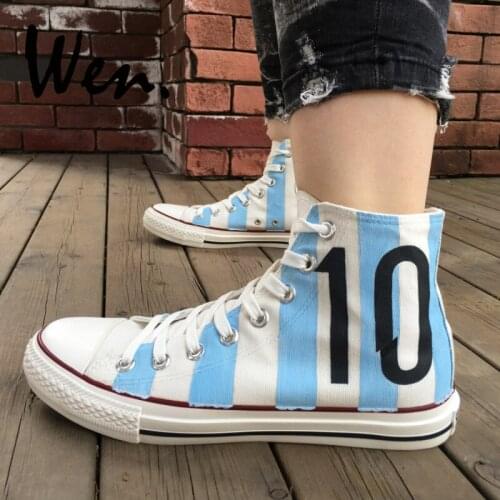 Wen Design Argentina National Team Football Soccer Number 10 White Skateboarding Shoes Hand Painted Shoes Unisex Canvas Sneakers