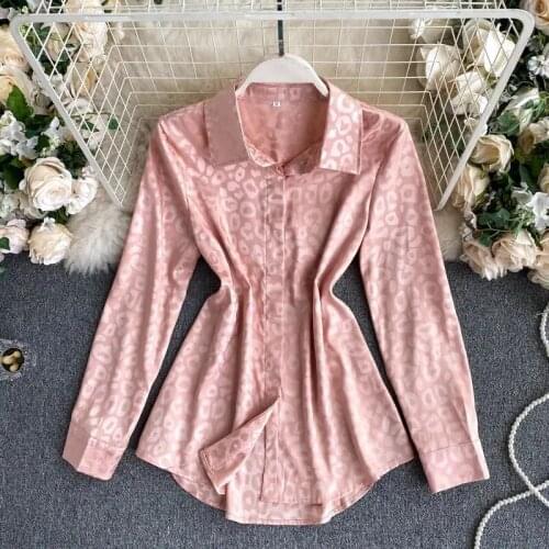 TSXT Women Autumn Lapel Single Breasted with Loose Collect Waist Design Pink Leopard Print Long Sleeve Shirt