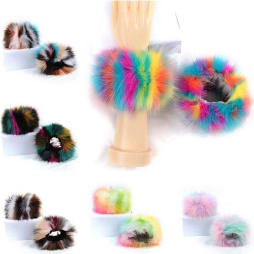 Women Winter Thicken Furry Wrist Cuffs Rainbow Colorful Arm Warmers Bands Fluffy Wristband Bracelet Fake Sleeves Party