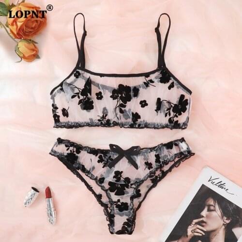 LOPNT New Floral Bra Panty Suit Women 2021 Black Flocked Mesh Perspective Sexy Lingerie Set See-Through Sling Underwear