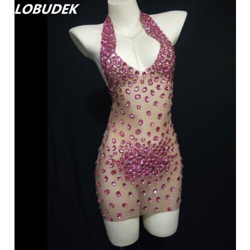 Pink Rhinestones V-neck Backless Mesh Mini Dress Women DJ Singer Host Evening Party Crystal Costume Birthday Prom Models Dresses