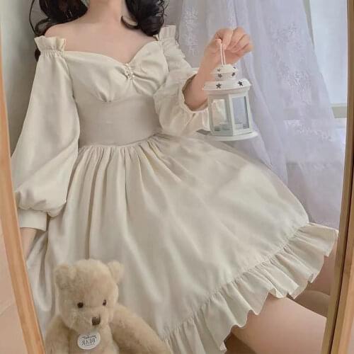 Palace Lolita Dress Cute Girl Elegant Princess Vintage Sweet Style Retro French Tea Paty Ladies Solid Color Dress