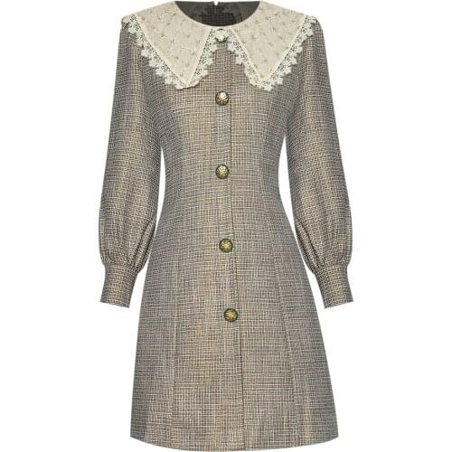 Top Quality New 2021 Autumn Winter Party Vintage Dresses Women Peter Pan Collar Hand Made Beading Long Sleeve Retro Plaid Dress