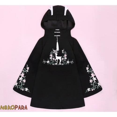 Chinese Style Cute White Deer Flower Ring Embroidery Womens Winter Long Hoodie Dress Warm Hooded Sweatshirt Hoodies