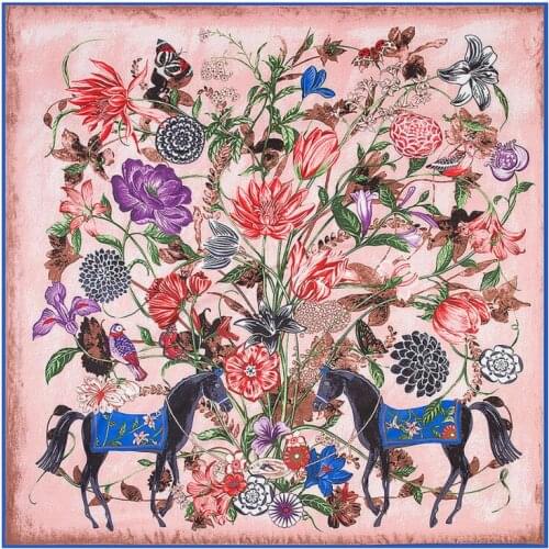 130cm*130cm Luxury Brand Twill Hijab Large Square Scarves Floral Horse Print Twill Shawls Bandana Silk Scarf For Women Headband