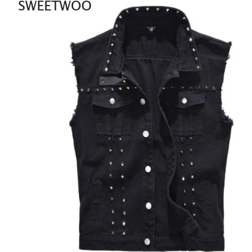 2021 Denim Vest Men Punk Rock Rivet Cowboy Black Jeans Waistcoat Fashion Men Motorcycle Style Sleeveless Jeans Jacket M-5XL