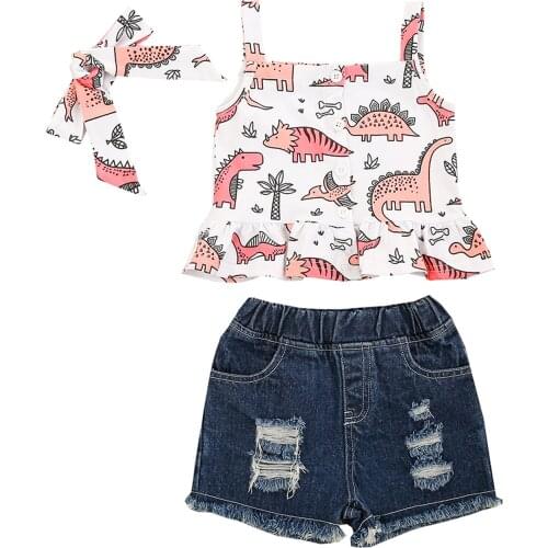 2021 2-7Y Casual Baby Girl Clorhing Cartoon Dinosaur Print Sleeveless Tops Vest+Holes Denim Shorts+Headband Set 3cps Outfits