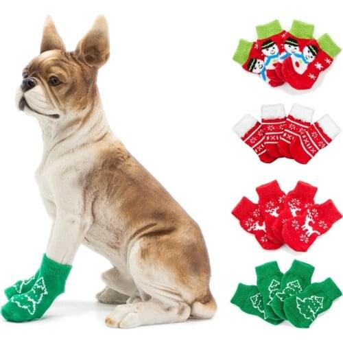 4 Colors Winter Warm Knitted Cotton Cat Sock Christmas Pet Dog Socks Anti-Slip Cute Snowman Elk Thick Paw Protector Puppy Sock