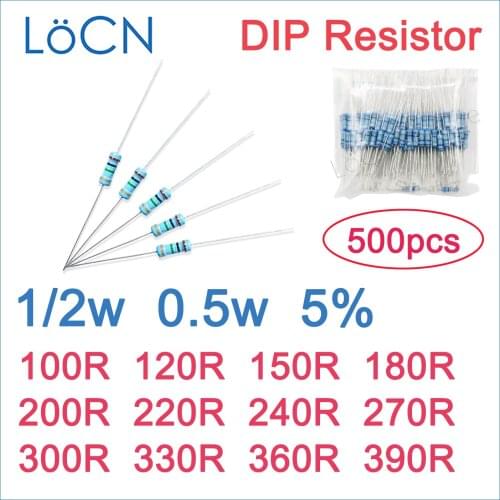 500pcs 5% 1/2W Carbon Film Resistor DIP 100R 120R 150R 180R 200R 220R 240R 270R 300R 330R 360R 390R OHM Color ring 0.5w
