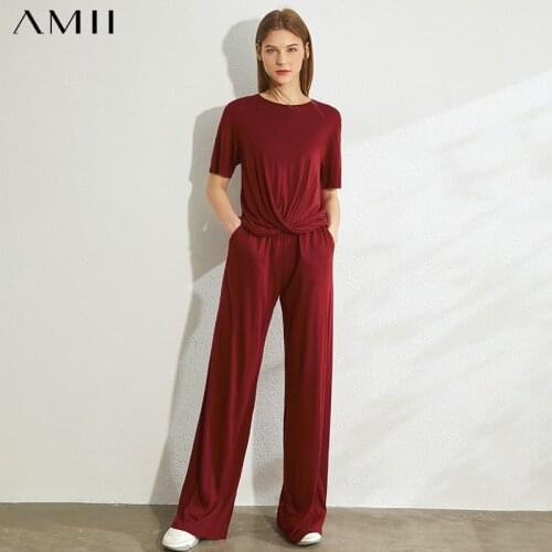 AMII Minimalism Spring Summer Fashion Women Set Solid Oneck Loose pleated Design Tshirt Elastic Waist Loose Female Set 12070305