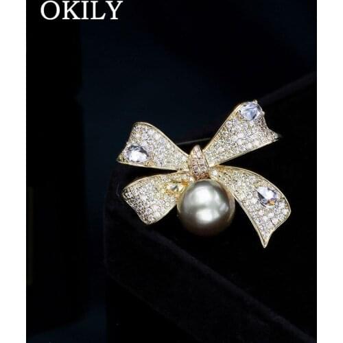 AAA Cubic Zircon Bow Brooch Bowknot Gold Color Simulated Pearl Brooches Pins for Wedding Prom Jewelry Elegant Accessories
