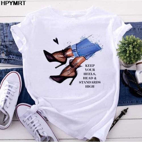 Fashion High heels Print New Summer women T-shirts Harajuku T shirt fashion Korean white top female Tshirt Clothing Short sleeve