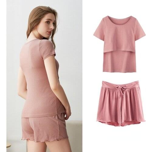 Cotton Breastfeeding Clothes Short-Sleeved Summer Thin Maternity Pajamas Suits Womens Postpartum Homewear Ropa de Maternidad