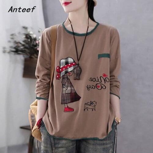 Long sleeve cotton autumn korean fashion cartoon tshirt vintage tee t shirt casual loose top women 2021 t-shirts clothes