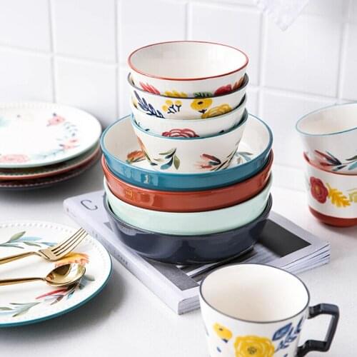 KINGLANG Four Seasons Japanese Hand-painted Ceramic Tableware Plate Home Dish Western Plate Breakfast Soup Bowl Coffee Mug Table