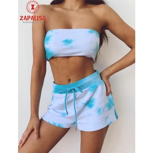 Sexy Women Summer 2 Piece Set for Home Drawstring Design Low Split Elastic High Waist Tie-dye Print Slim Shorts +Strapless Top