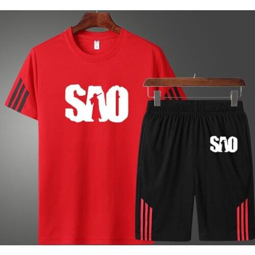 Summer High Quality Cotton Fashion casual short sleeve SAO Sword Art Online Printing Mens short sleeve + shorts two-piece suit