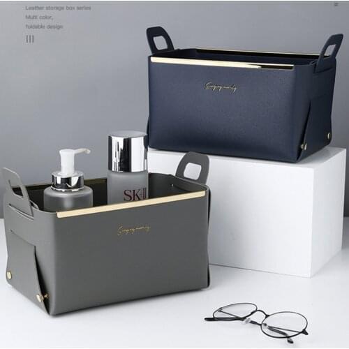 Leather Storage Box Foldable Desktop Organizer Boxes Waterproof Cosmetic Stationery Storage Basket Home Sundries Organizer