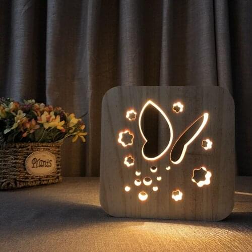 Creative Wood Butterfly Lamp Warm White LED Desk Lamp Hollowed-out Butterfly Light Solid Wood Carving Night Lamp