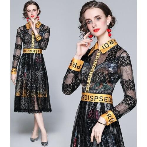 Summer new lapel print stitching lace mid-length long-sleeved dress