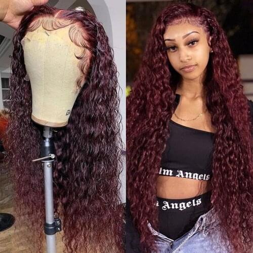 Luvin Dark Red Color Curly Wig Highlight Transparent Wigs13×6 Lace Frontal Brazilian Human Hair Wigs 99J Colored Ombre