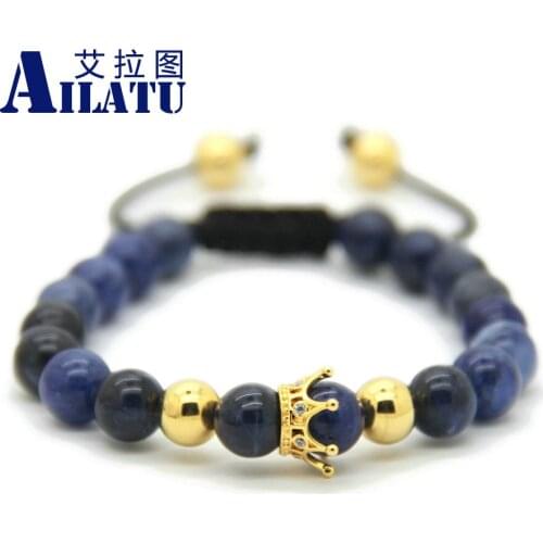 Ailatu Fashion Mens Power Jewelry 8mm Natural Blue Veins Stone Bead Micro Pave Cubic Zirconia Crown Bracelet Pulseira Hombres