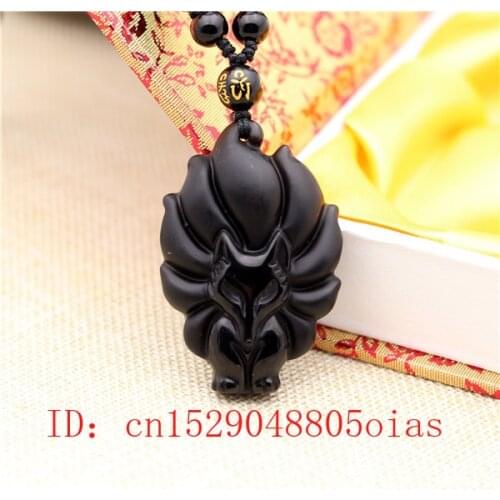 Natural Black Obsidian Nine-tailed Fox Pendant Beads Necklace Fashion Charm Jewellery Hand-Carved Amulet Gifts for Women Men