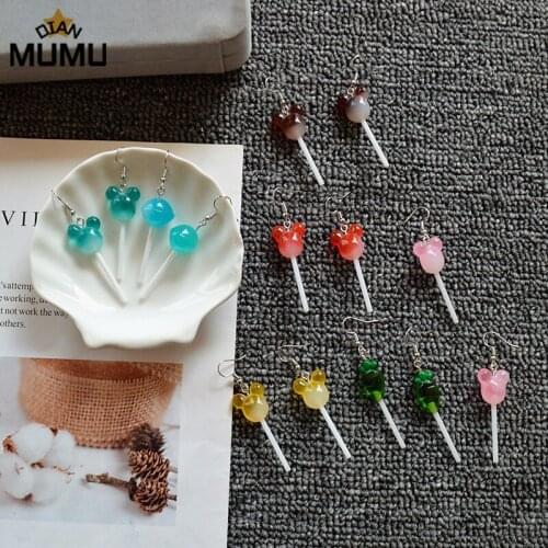 New sweet girl personality gradient candy color Mickey head lollipop long hand-made ear hook simple earrings