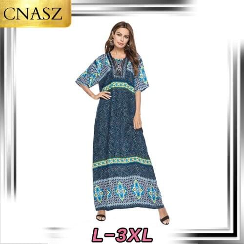 New Arrival Muslim Casual Embroidered Print Dress Arab Turkey Bohemian Dress Islamic Dubai Elegant Colthes Middle East Moroccan