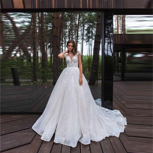 Luxury Scoop Neck Top Lace With Pearls Wedding Dresses Ball Gown Court Train Cap Sleeves Bridal Gowns vestido de noiva