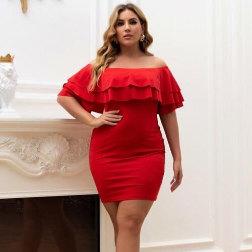 Sexy Women Summer Dress Plus Size Slash Neck Elegant Ruffles Bodycon Mini Party Ladies Solid Red Short Evening Dresses 2021