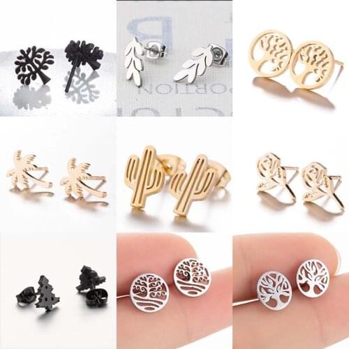 Creative Tree of Life Stud Earring for Women Beautiful Peace Tree leave Feather Earrings Jewelry Stainless Steel Girl Gift