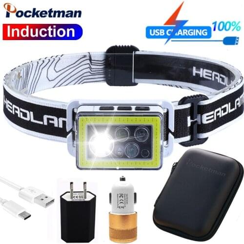 Super Bright Headlamp USB Rechargeable LED Lamp T6+COB Sensor Headlight Built-in Battery Night Camping Running Waist Work Light