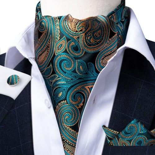 Teal Green Gold Paisley Men Vintage Ascot Pocket Square Cravat Casual Jacquard Scarves Ties Wedding Formal Neckties Men DiBanGu