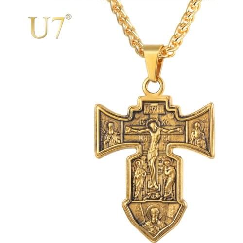 U7 Crucifix Pendant INRI Cross Necklace Gold Color Stainless Steel Hip Hop Chain Fathers Day Gift Men Jewelry Crocifisso P1172