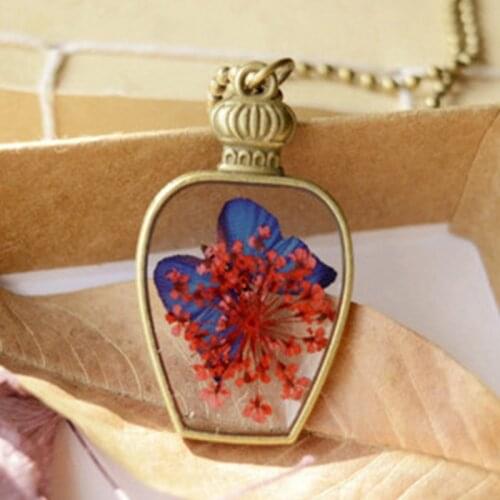 Handmade Vintage Frame Natural Flower Blue Butterfly Long Pendants Necklaces For Women Girls Gift Clothe Decoration