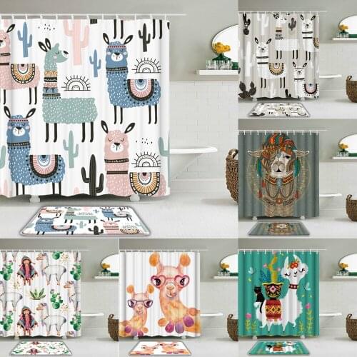 Cute Alpaca Printed Shower Curtain Set with Hooks Cartoon lovely Waterproof Bathroom Curtains Non-slip Bath Mat Home Decor
