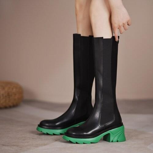 2021 Ladies Spring Autumn Leather Round Toe Knee Length Knight Boots Winter Fashion Zipper High Heel Womens Knee Boots
