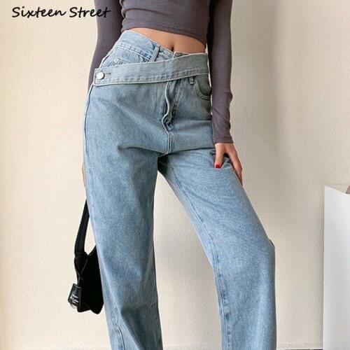 2021 Blue Straight Leg Jeans Woman Asymmetry High Waist Denim Pants Woman Clothes Summer Streetwear Belt Loose Mom Jeans Female
