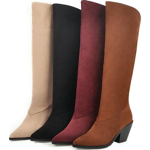 2021 Faux Suede Women Knee High Boots Pointed Toe Slip on Women Square High Heel Boots Short Plush Ladies Western Boots Big Size